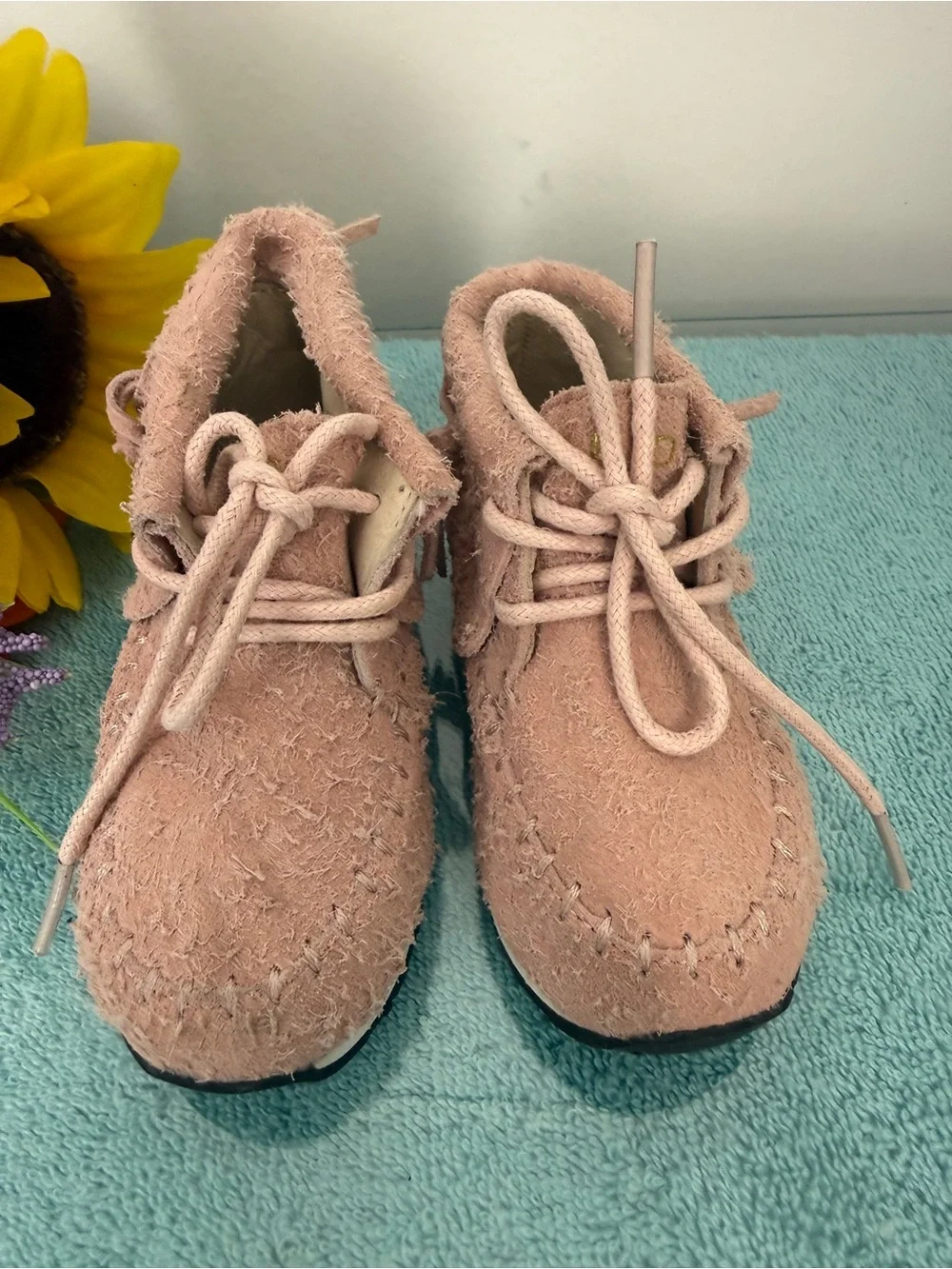 Kids Pink Suede-Look Moccasin Boots with Laces